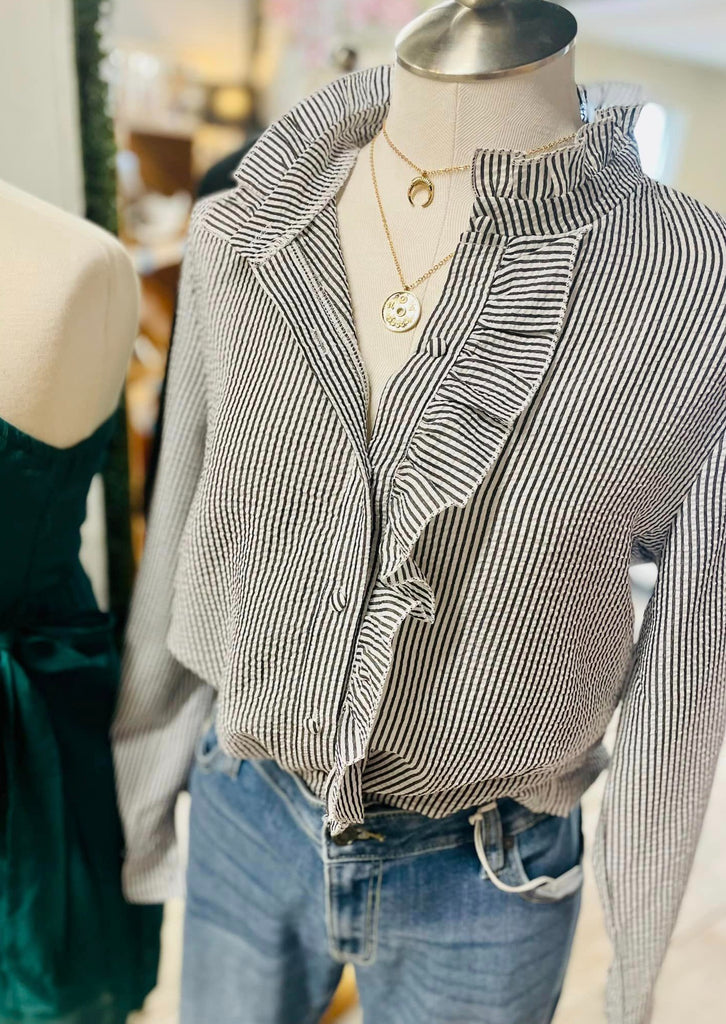 Frenchy Striped Ruffle Trim Button Shirt