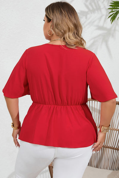 Red Tie Button V Neck Top