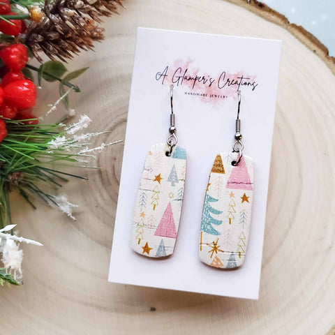 Pink &amp; Teal Christmas Tree Mini Bar Leather Earrings. Backing is leather