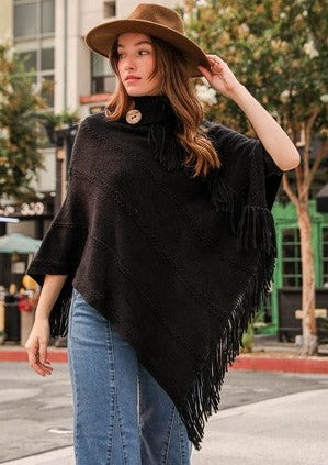 Button Neck Fringe Poncho