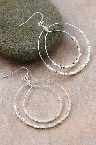 Silver Beaded Double Circle Drop Earrings