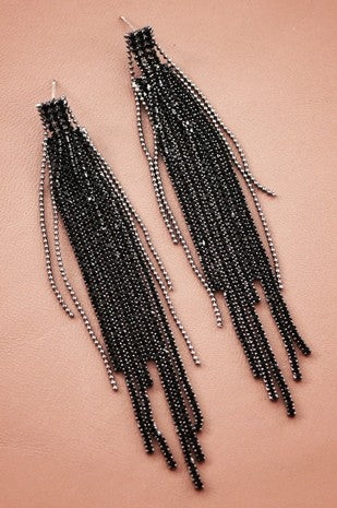 Black Rhinestone Fringe Earrings