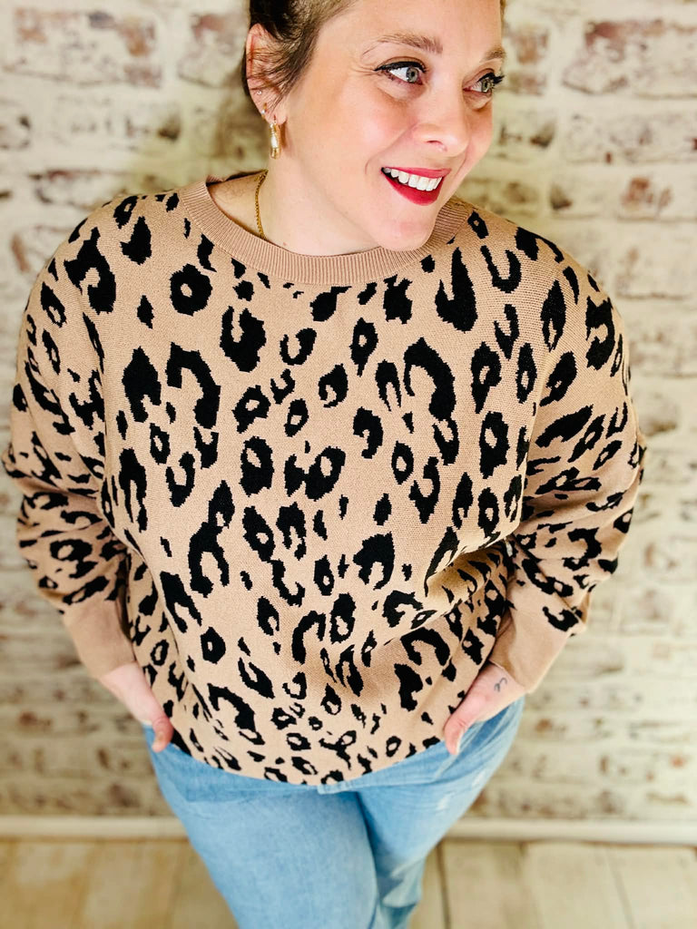 Plus size brown with black leopard print long sleeve sweater