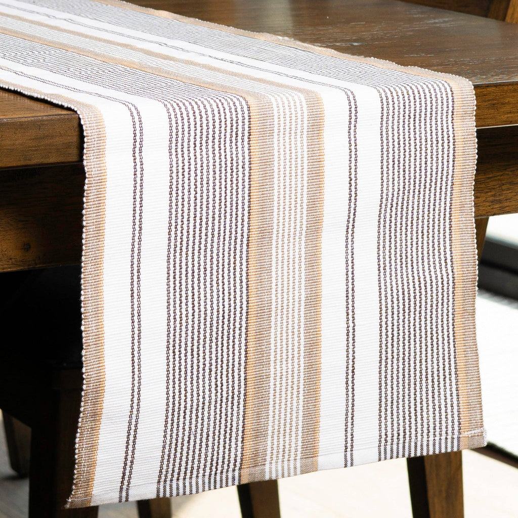 Tan and dark brown striped runner is 13"x 72" and 100% cotton