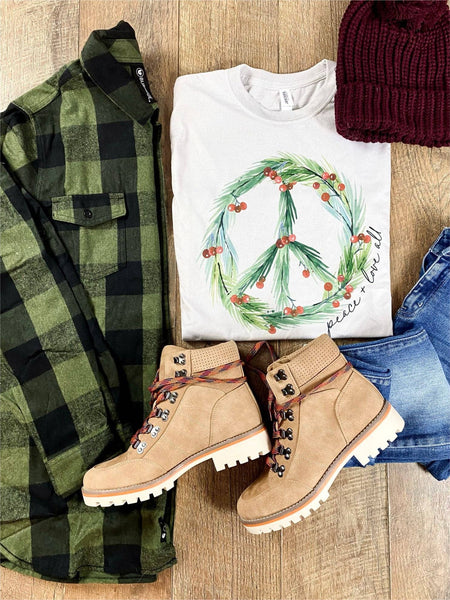 PEACE and LOVE to all holiday Peace sign in a wreath T-shirt