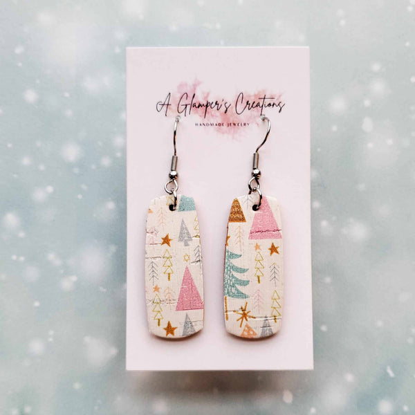 Pink & Teal Christmas Tree Mini Bar Leather Earrings