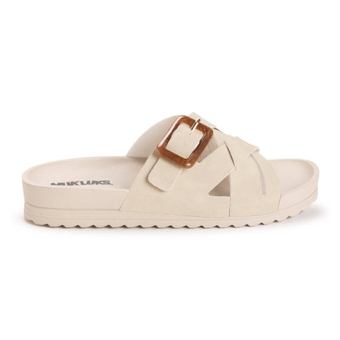 Sandals by Muk Luk, a criss cross strap with an adjustable buckle are cushioned and light brown/ tan in color.