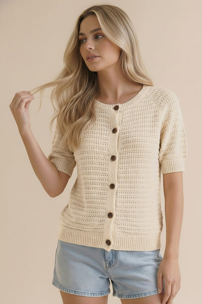 beige knitted short sleeve button spring cardigan