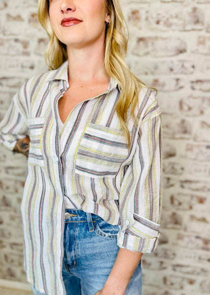 Gray and Yellow Striped Button Up