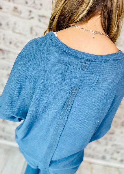 Raw Edge Split Neck Top Dusty Blue