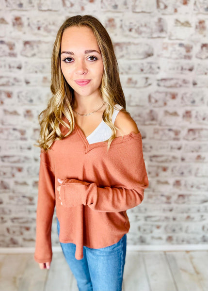 Raw Edge Split Neck Top Sienna