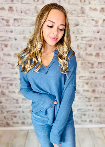 Raw Edge Split Neck Top Dusty Blue