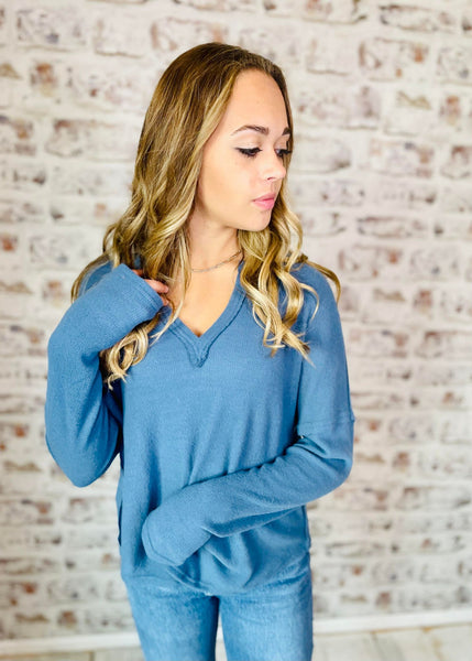 Raw Edge Split Neck Top Dusty Blue
