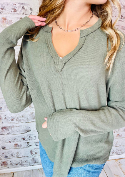 Raw Edge Split Neck Top Olive S-3X