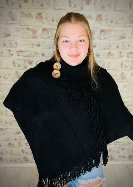 Button Neck Fringe Poncho