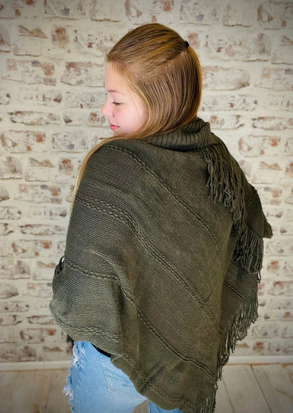 Button Neck Fringe Poncho