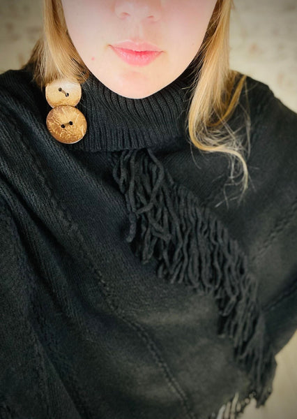 Button Neck Fringe Poncho