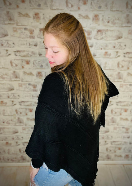 Button Neck Fringe Poncho
