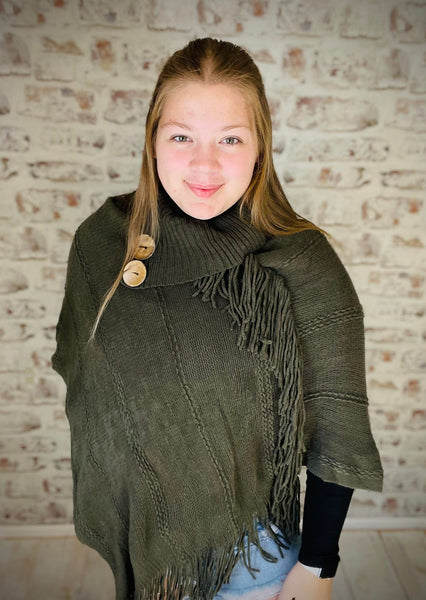 Button Neck Fringe Poncho