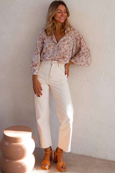 Pink Floral Bishop Sleeve Shirt