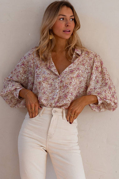 Pink Floral Bishop Sleeve Shirt