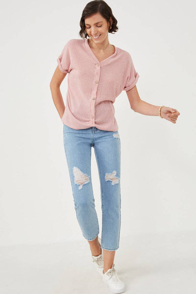 Textured Button Twist Front Top