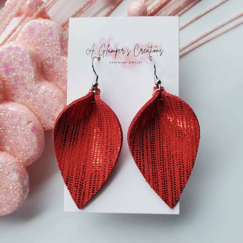 Red Metallic on Red Pinched Petals Leather Earrings. Genuine leather