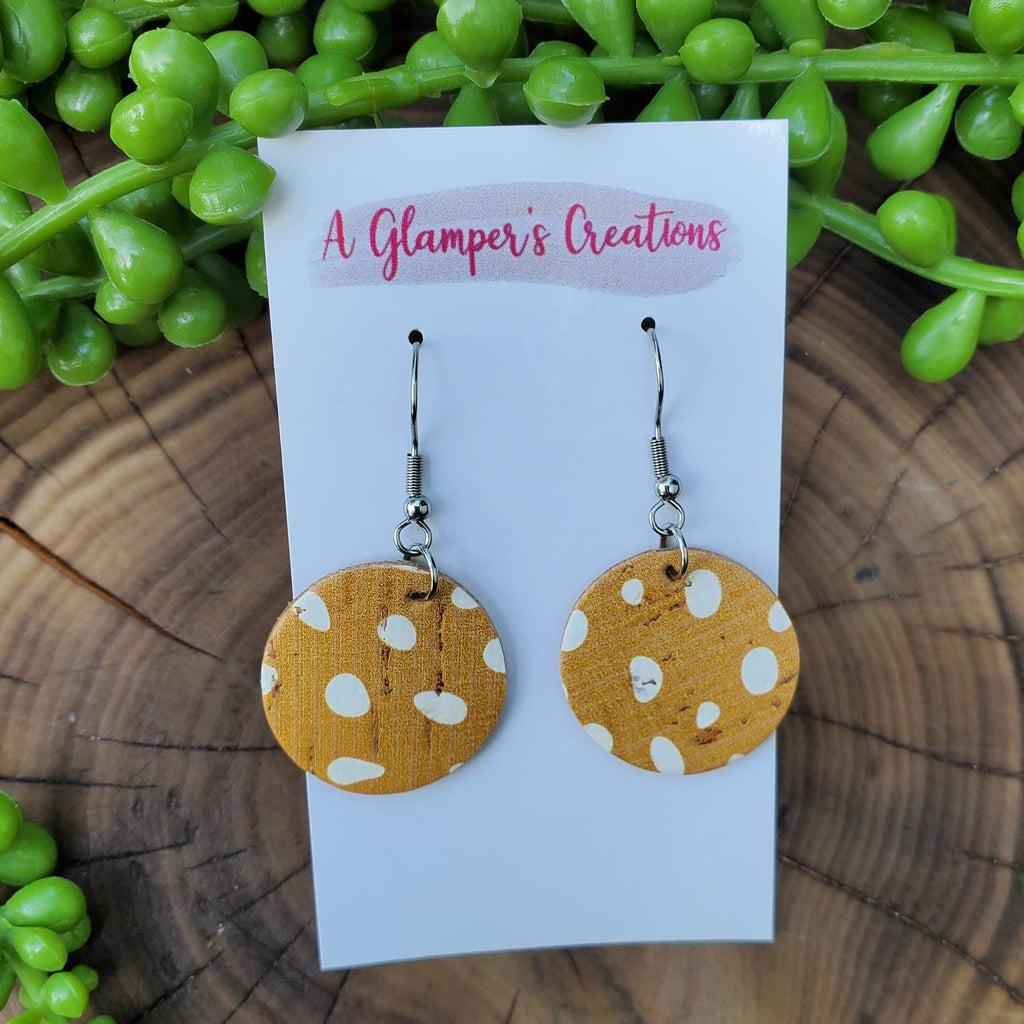 White Dots on Mustard Mini Circle Drops Leather Earrings