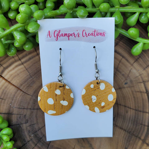 White Dots on Mustard Mini Circle Drops Leather Earrings