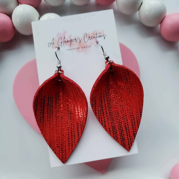 Red Metallic on Red Pinched Petals Leather Earrings