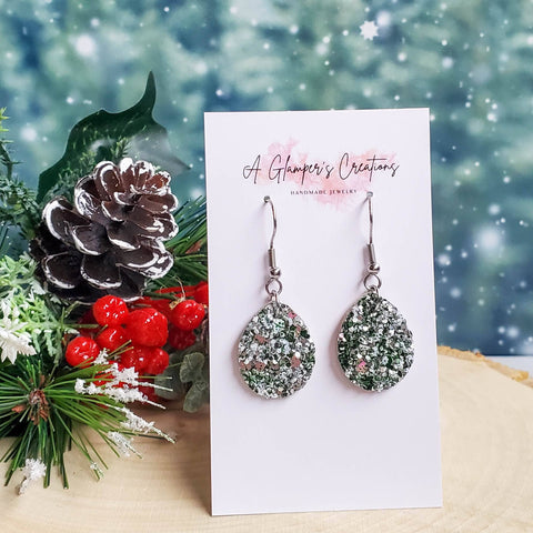 Christmas Green Glitter Mix Small Teardrop Leather Earrings