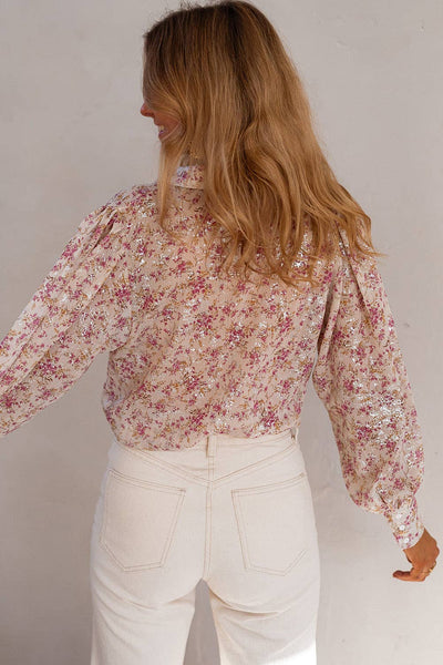 Pink Floral Bishop Sleeve Shirt