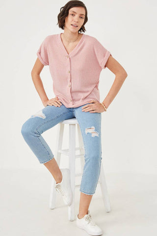 textured V-neck short sleeve spring sweater in light pink 