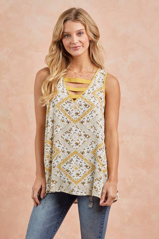 strappy neck printed sleeveless top in white mustard and light brown tiny flowers 