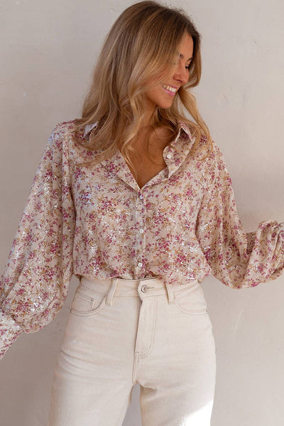 Pink Floral Bishop Sleeve Shirt