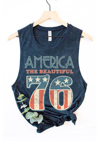 Navy blue graphic tank top with AMERICA the beautiful "76" in red, white and blue 
