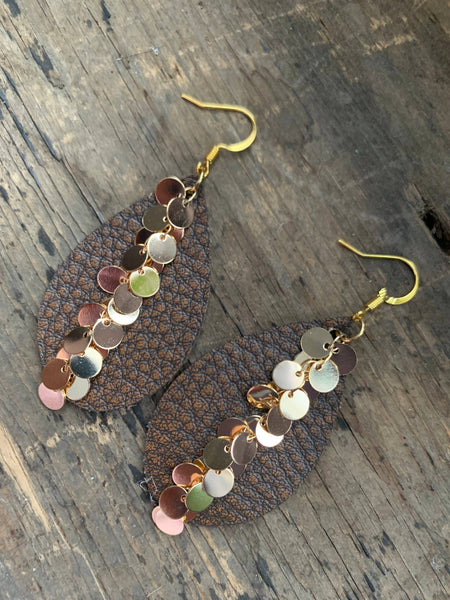 Brown Gold Dangle Chain Leather Earring