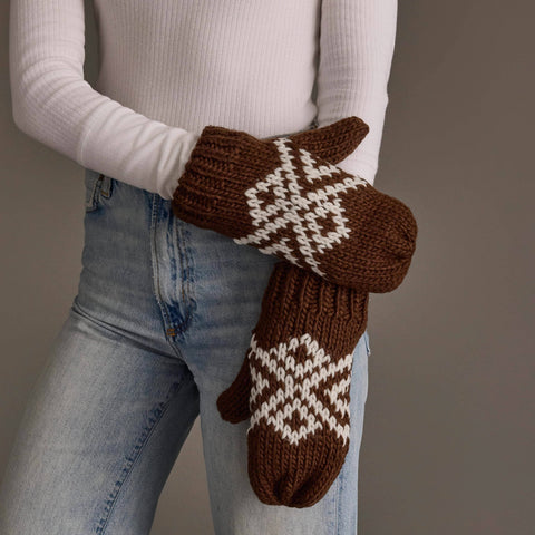 Brown & White Patterned Mittens