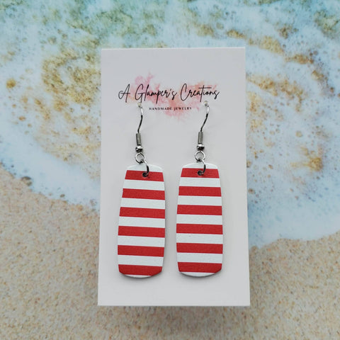 Red &amp; White Striped Mini Bar Leather Earrings