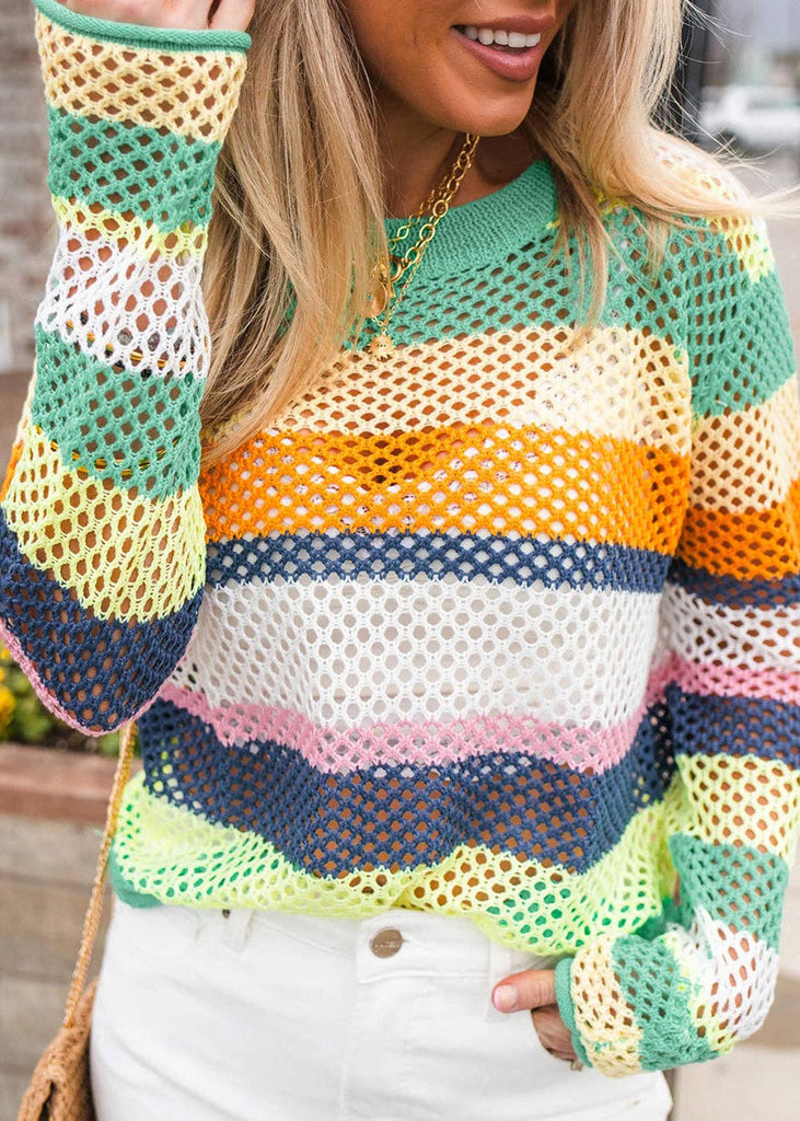 This crochet sweater adds a touch of elegance, chic color block and patchwork design. 