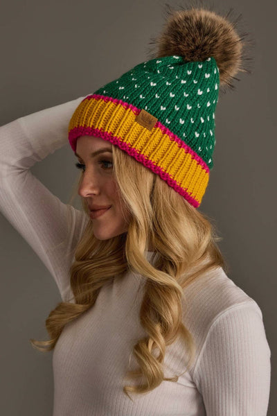 Green, White & Mustard Heart Hat
