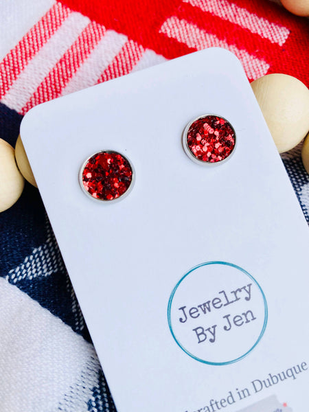 Stud Earrings: Red Glitter