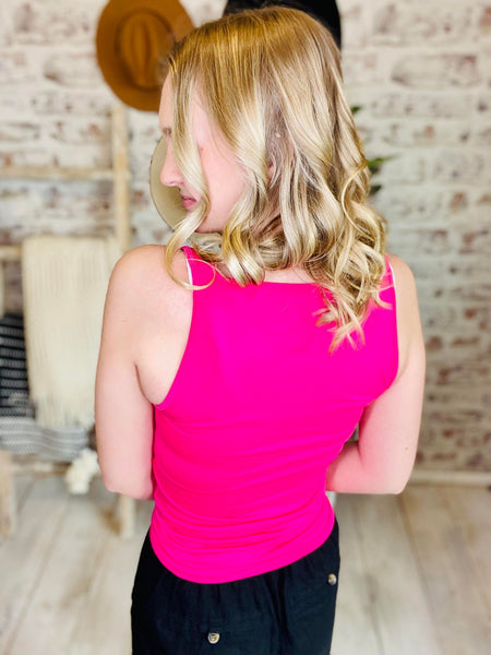 Woman wearing Fuchsia Pink Tank Top 