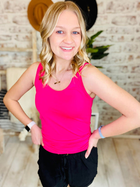 Woman wearing Fuchsia Pink Tank Top 