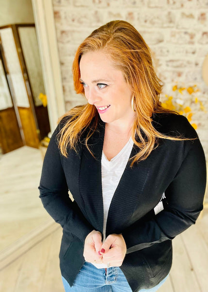 Woman wearing Basic Black Open Cardigan 