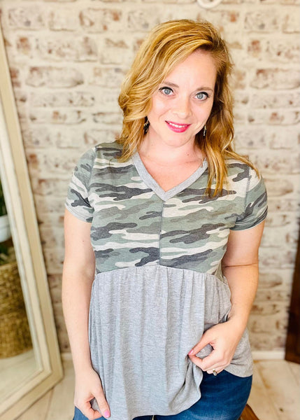 Woman wearing Gray and Green Camo V-Neck Shirt 