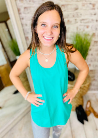 Woman wearing Emerald Green Racerback Tank Top 