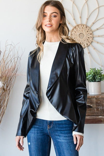 Woman wearing Black Faux Leather Blazer 
