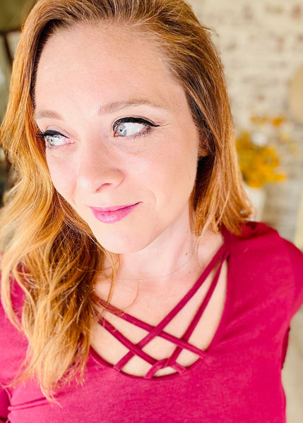 Woman wearing Burgundy Strappy Neck Top 