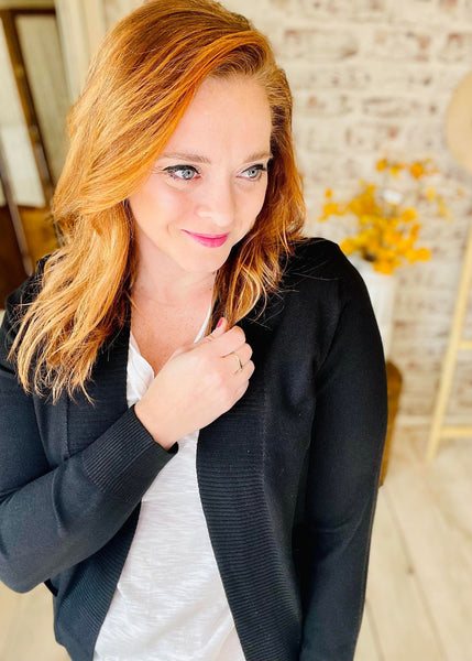 Woman wearing Basic Black Open Cardigan 